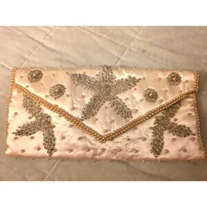 Vtg. Satin Beaded Purse Silver Flower Bags by Debbie Japan